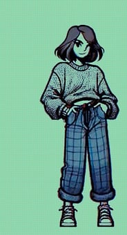 A young woman dancing, wearing a sweater, checked trousers and sneakers