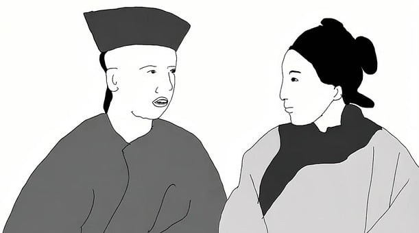 The image depicts a couple from the Qing Dynasty (1644–1912). The man is wearing traditional Qing attire, including a hat, while the woman's hairstyle and clothing are also characteristic of the era.