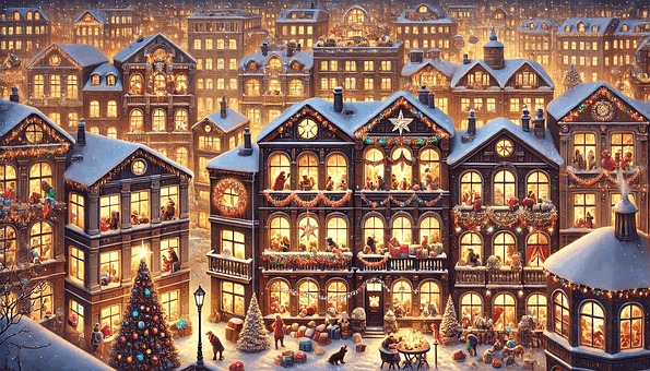 Strahlend erleuchtete Fenster in den Häusern einer Stadt zu Weihnachten