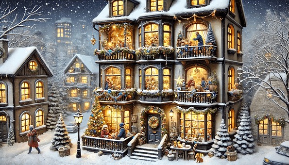 Erleuchtete Fenster in einem weihnachtlich geschmückten Haus mit Tannenbäumen