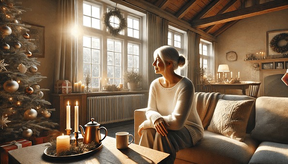 Eine nachdenkliche Frau sitzt in ihrem weihnachtlich geschmückten, sonnigen Wohnzimmer.