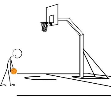 Gif di un omino stilizzato che tira un pallone da basket verso il canestro