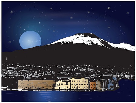 Gif Animata natalizia, con la città di Catania e il vulcano Etna, un cappello di babbo natale che copre il cratere e la slitta che passa sopra, e la scritta ho ho ho