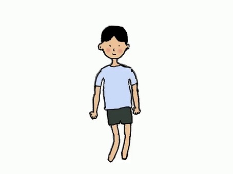 图片是一幅跃起挥手的小男孩的动态卡通插图。关键细节包括：男孩留着深色短发，身穿浅蓝色T恤和深色短裤。风格简洁。