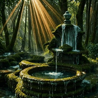 Brunnen mit Statue im grünen Waldgarten