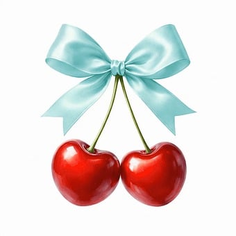 Cherries, Fruit, Ribbon, Bow, Aqua