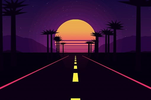 A first-person drive down an endless neon highway. Palm silhouettes sweep past on both sides, road dashes recede into the vanishing point, and a giant striped sun sits parked on the horizon.