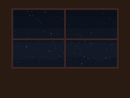 Experience the quiet drama of a stormy night from the safety of a cozy room. This minimalist pixel art animation features a large, classic wooden window looking out into the deep darkness.