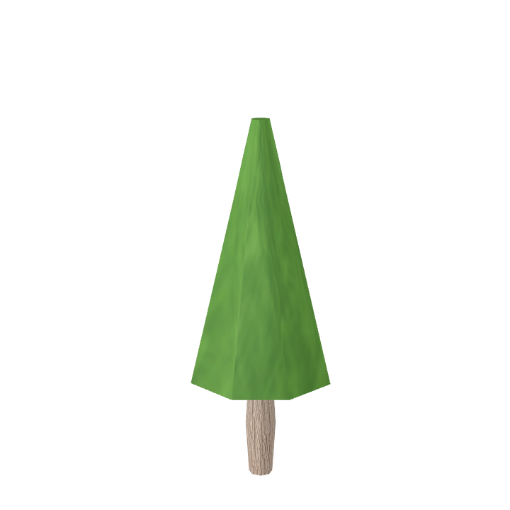 A tall slim low‑poly tree with smooth elongated foliage for stylized environments.