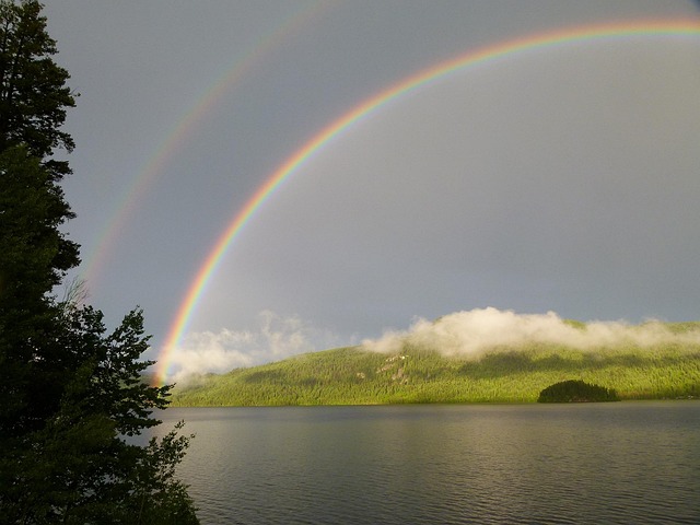 double, rainbow, thunderstorm, canim lake, british columbia, canada, nature, landscape, weather, gray rainbow, gray lake
