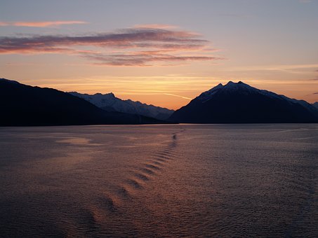 氷河湾, 日没, アラスカ州, 氷河, 国家, 公園, 海, 水, 夕暮れ