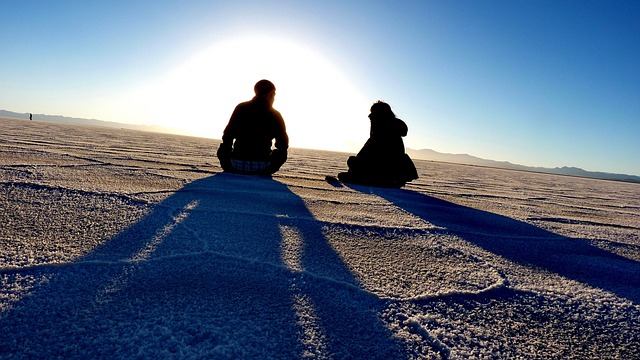 salt lake, lake, salt flat, andes, atacama, dessert, chile, nature, sand, people, sitting, resting, shadows, blue dessert, blue lake, blue sand