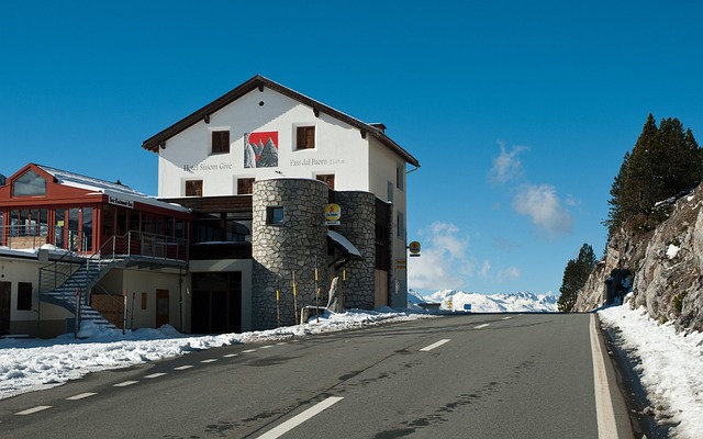 tschierv, switzerland, landscape, buildings, restaurant, hotel, bar, architecture, scenic, sky, clouds, mountains, snow, road, hill, nature, outside, winter, ice, country, countryside, blue restaurant, blue hotel