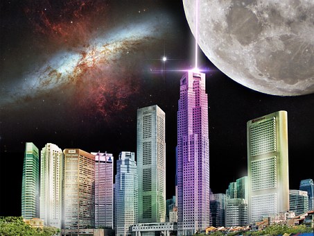 Skyline, Nacht, Maan, Lichten
