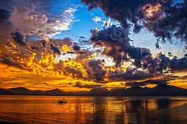 Boat, Sundown, Sunset, Sky, Clouds