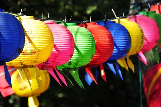 Bunt, Lampion, Rot, Blau, Gelb, Farben