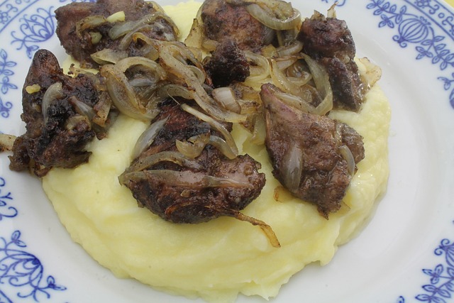 meal, food, mashed potatoes, liver, onions, mashed potatoes, liver, liver, liver, liver, liver