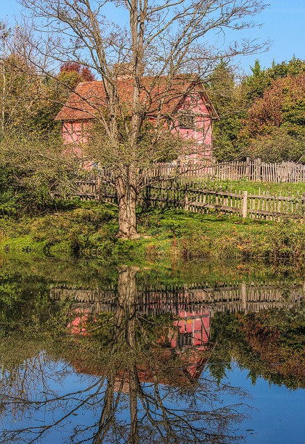 tudor style house, museum, pond, reflection, autumn, fall, farm