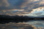 lake, reflections, mountain panorama