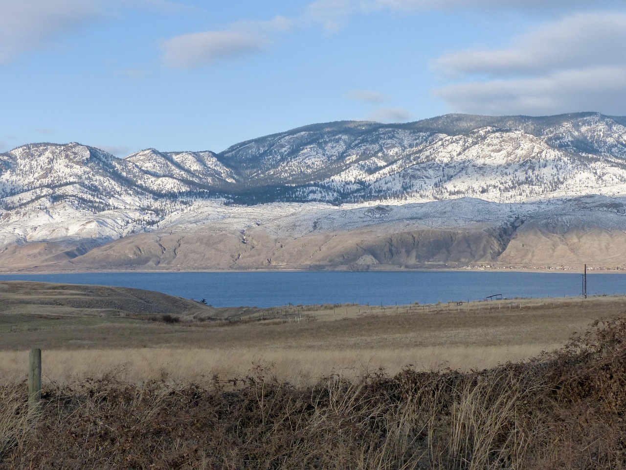 Kamloops Lake and snow covered hills in winter, west of Kamloops BC