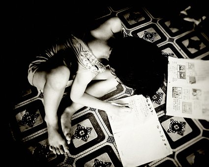 Niño, Niña, Escribiendo, Sentado, Joven