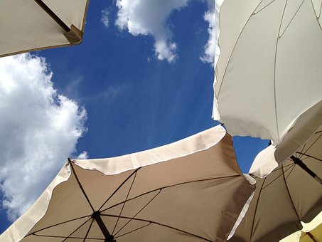 パラソル, 青空, 夏, 川, 雲, キラキラ, バーベキュー, バカンス