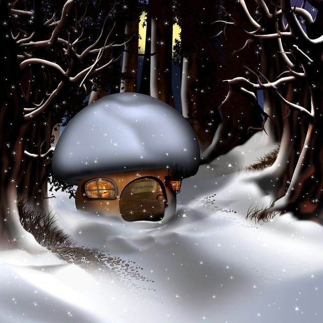 Free mushroom house winter forest illustration