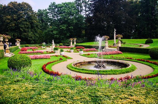 Tuin, Fontein, Bloemen, Planten