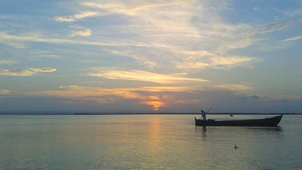 See, Boot, Sonnenuntergang, Spanien