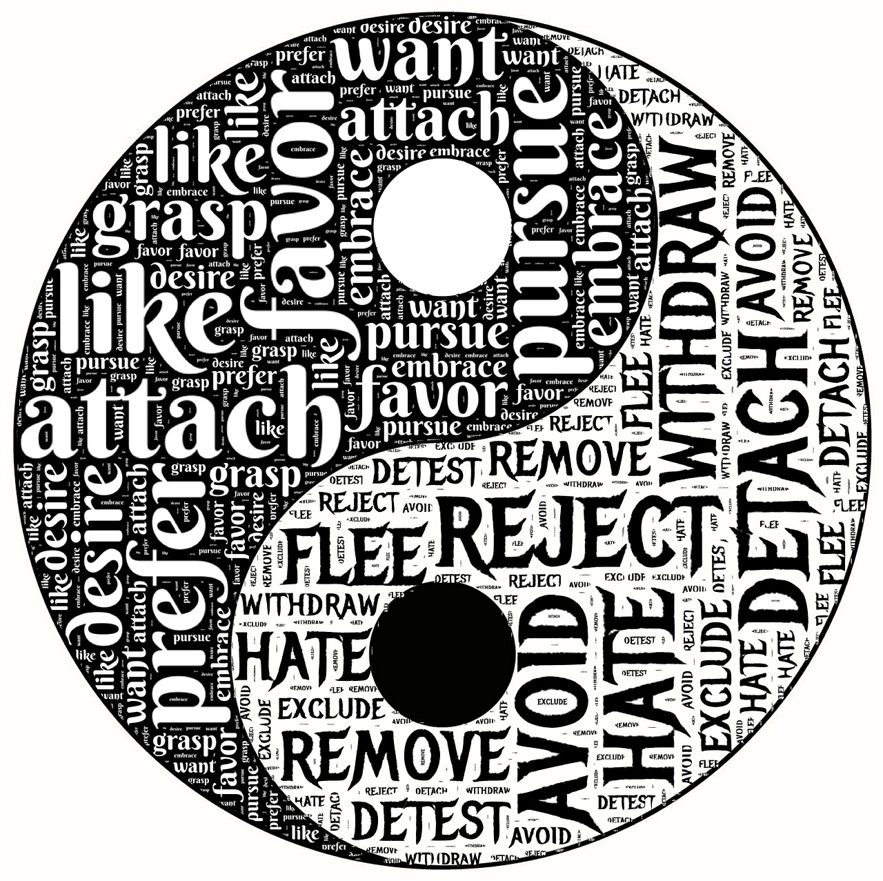 yin yang filled with positive and negative words relating to discrimination