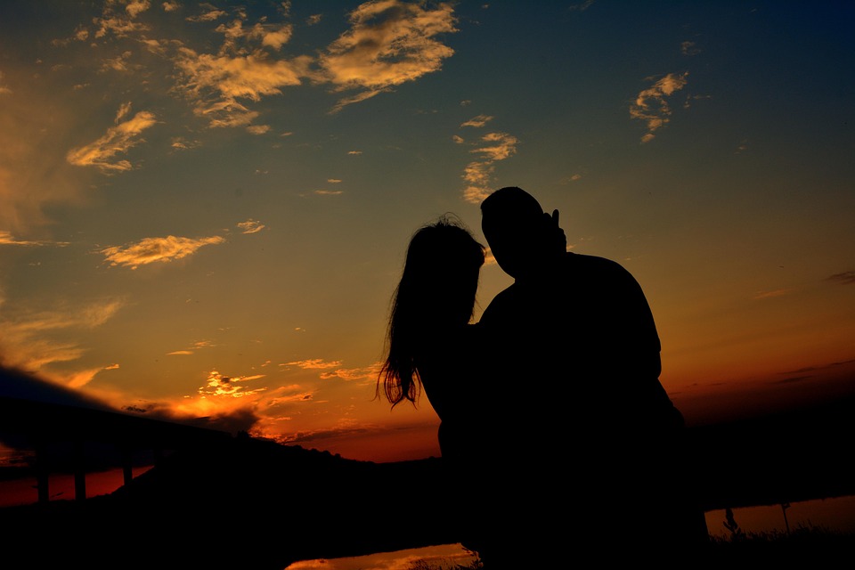 Paar, Liebe, Schatten, Sonnenuntergang, Brücke, Wasser
