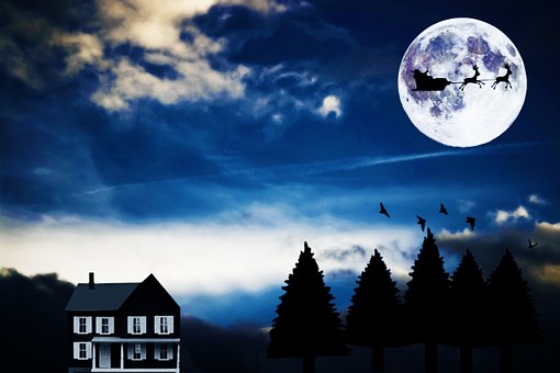 Papai Noel, Céu Noturno, Natal, Cabana