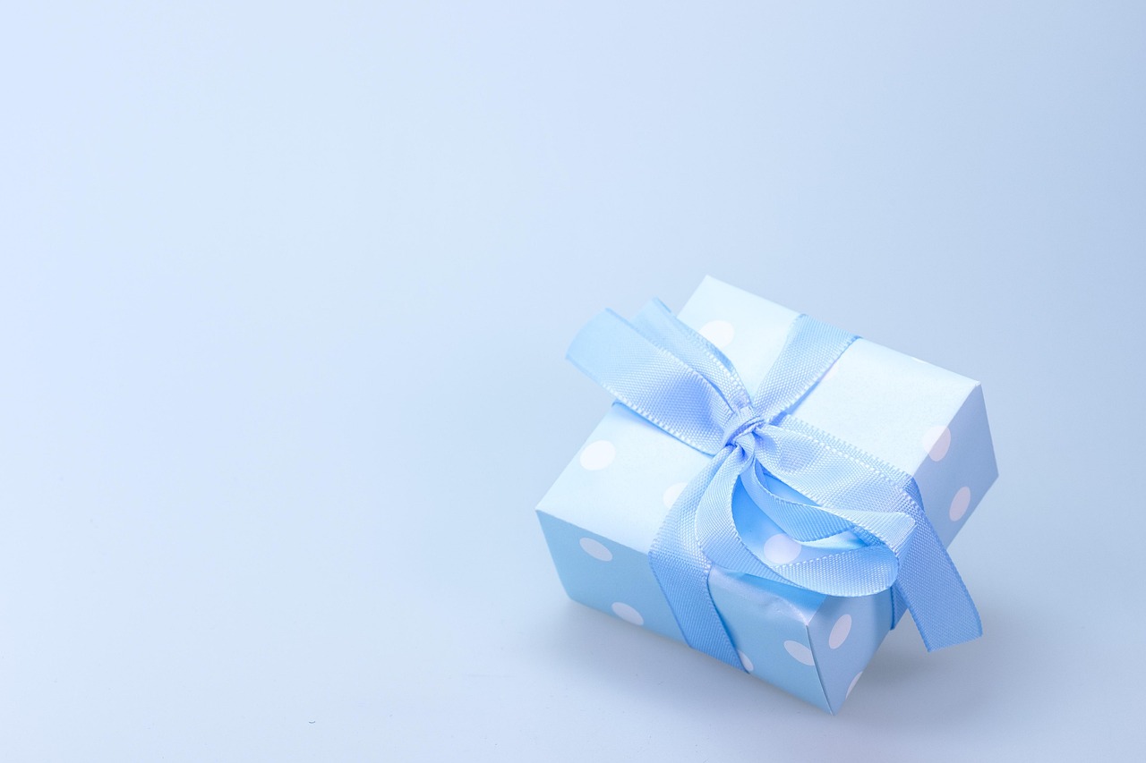 Wrapped gift box with a red ribbon and bow on a plain background.