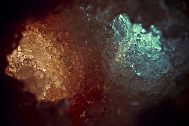 crystal, cave, orange, turquoise, gems, macro, macro shot, geology, shine, darkness, light, contrast, mineral, pointed, reflection, transparent, mystical, secret, warm, cold, dream