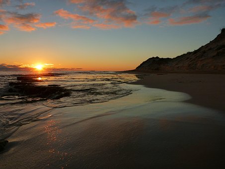 Zonsondergang, Strand, Lucht, Zon, Kust