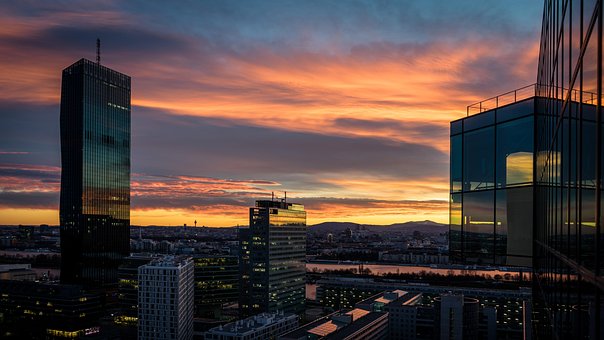 Wien, Solnedgang, Skyline, Skyskraber