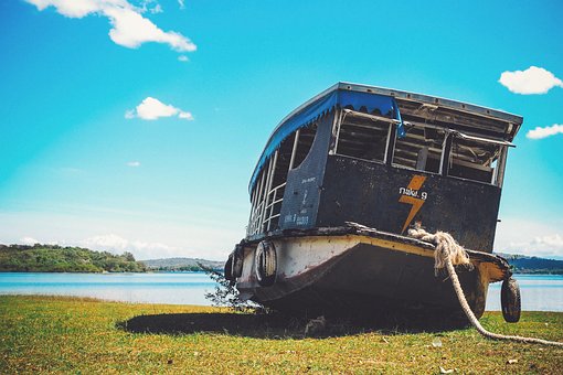 Loď, Uvízlý, Ke Dnu, Voda, Jezero, Modrý