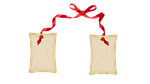 double paper labels, red ribbons, on the bow