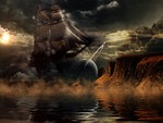 ship, clouds, water