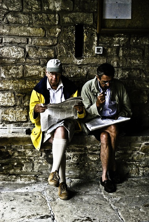 Reading, Men, Newspaper, Sitting, Pipe, Smoking, Yellow