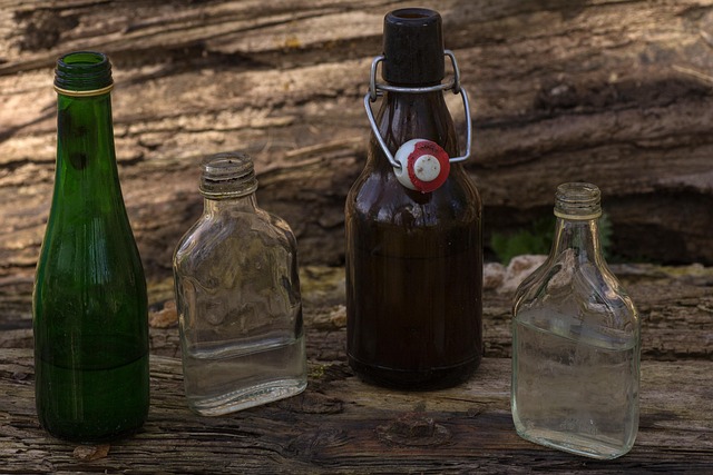 still life, wooden board, bottles, lighting mood, in the free