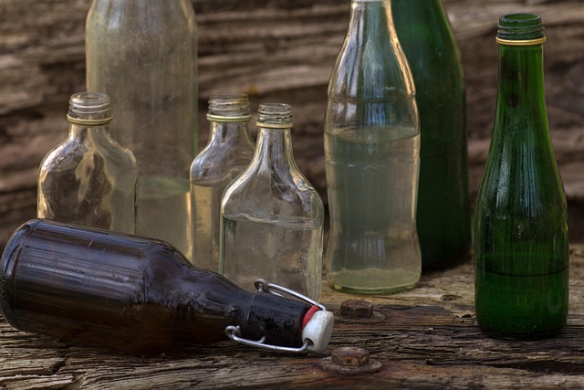 still life, wooden board, bottles, lighting mood, in the free