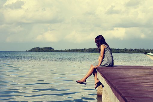 Sea, Pier, Female, Alone Woman, Sitting