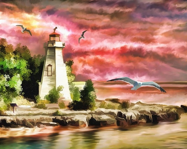 Free lighthouse ocean sunset illustration