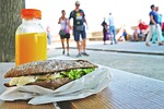 sandwich, bank, orange juice
