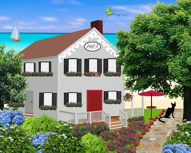 Free seaside house flowers illustration