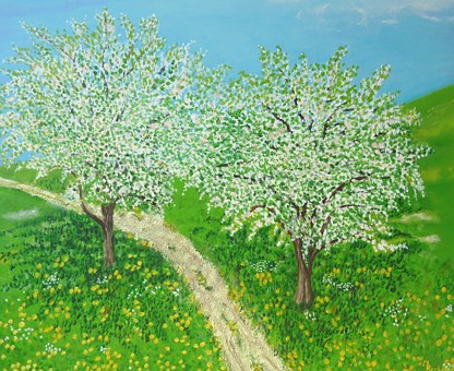Obstbäume, Allee, Wiese, Straße, Weg