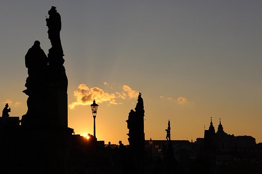Prague, Night, Statuary, Bridge, Prague