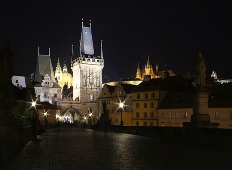 Prague, Night, Tower, Bridge, Prague
