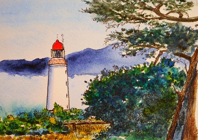 Free watercolor lighthouse to dye illustration